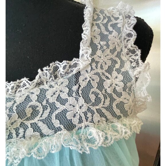 Vintage 60s night dress, blue lined sleeveless nightgown, sheer negligee - Picture 7 of 8